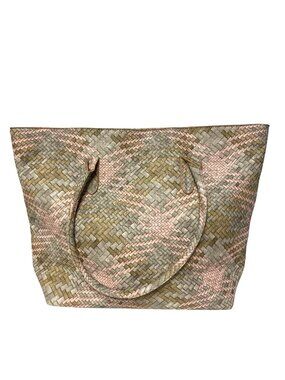 Charming Charlie Woven Tote Bag Pink Blue Green Pastel Zip Top Large